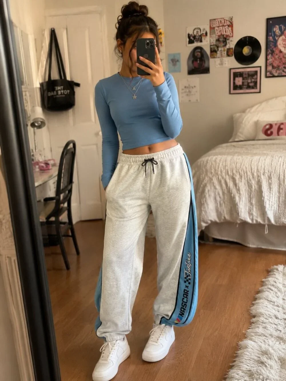 Justice NASCAR Girls Jogger Sweatpants Gray Blue Side Panel Size Small 7/8 NWT